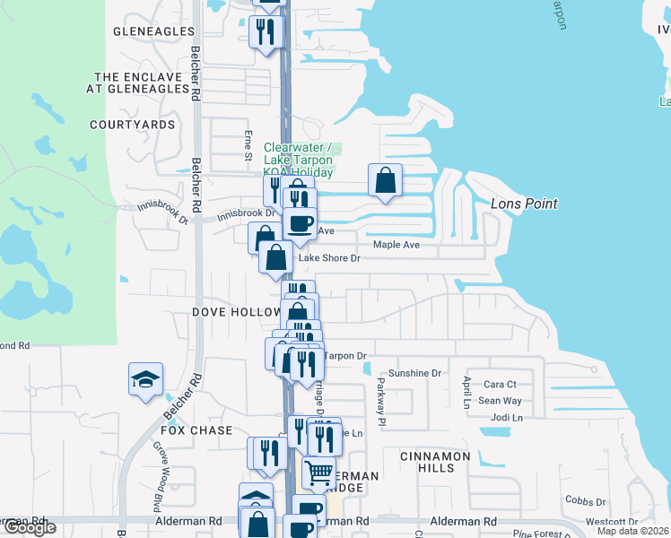 map of restaurants, bars, coffee shops, grocery stores, and more near 130 Philadelphia Boulevard in Palm Harbor