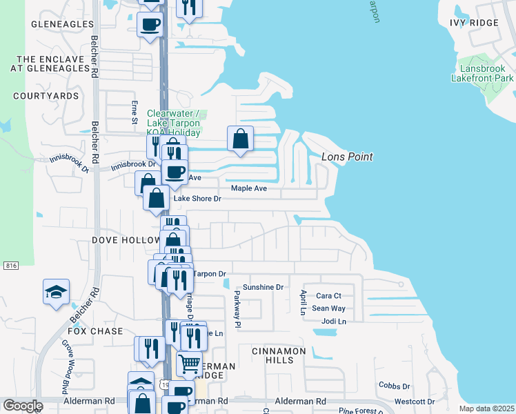 map of restaurants, bars, coffee shops, grocery stores, and more near 195 Philadelphia Blvd in Palm Harbor