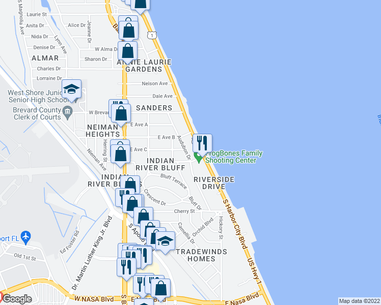 map of restaurants, bars, coffee shops, grocery stores, and more near 307 Audubon Drive in Melbourne