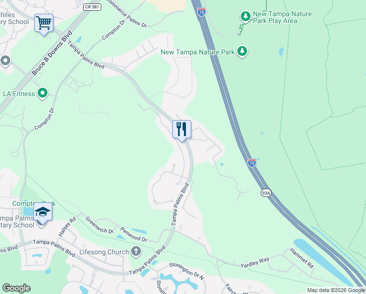 map of restaurants, bars, coffee shops, grocery stores, and more near 7835 Tuscany Woods Drive in Tampa