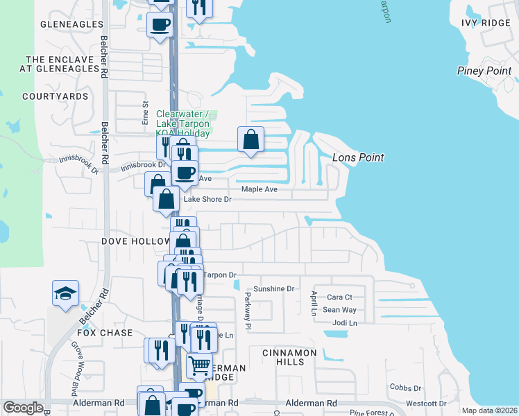 map of restaurants, bars, coffee shops, grocery stores, and more near 195 Philadelphia Boulevard in Palm Harbor