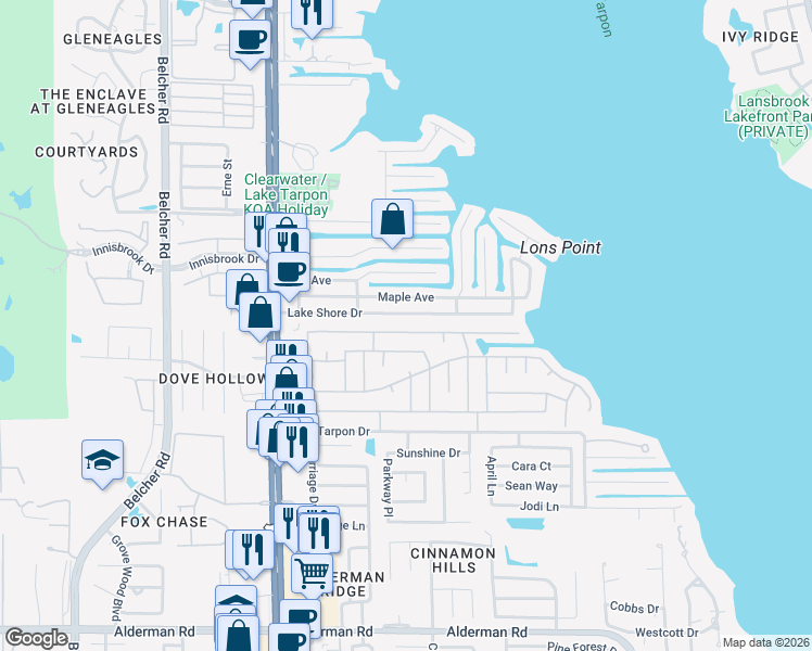 map of restaurants, bars, coffee shops, grocery stores, and more near 183 Philadelphia Boulevard in Palm Harbor
