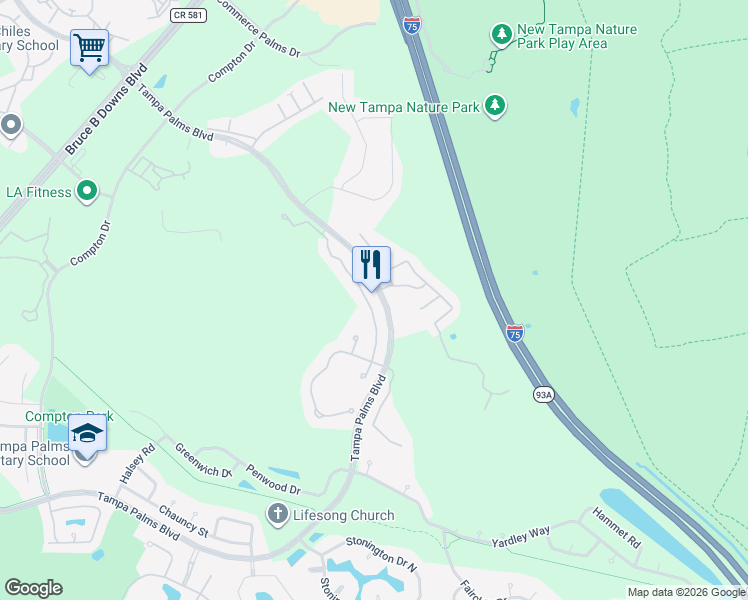 map of restaurants, bars, coffee shops, grocery stores, and more near 7835 Tuscany Woods Drive in Tampa