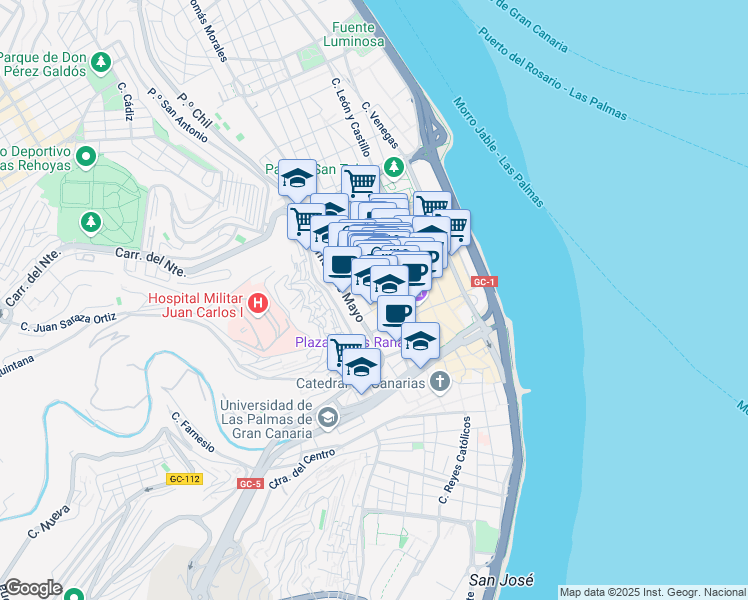 map of restaurants, bars, coffee shops, grocery stores, and more near 13 Calle General Bravo in Las Palmas de Gran Canaria