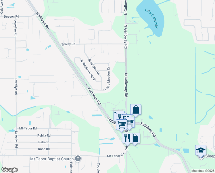 map of restaurants, bars, coffee shops, grocery stores, and more near 4838 Rolling Meadow Drive in Lakeland
