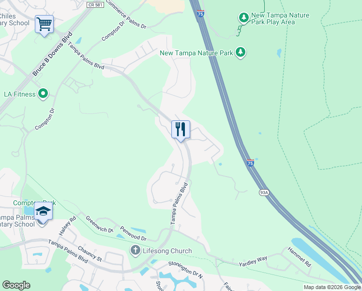 map of restaurants, bars, coffee shops, grocery stores, and more near 7835 Tuscany Woods Drive in Tampa