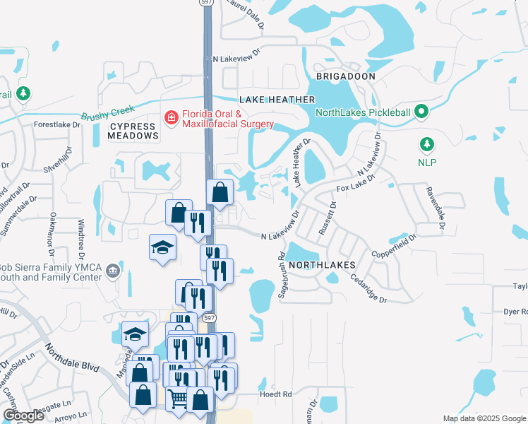 map of restaurants, bars, coffee shops, grocery stores, and more near Sagebrush Road in Tampa