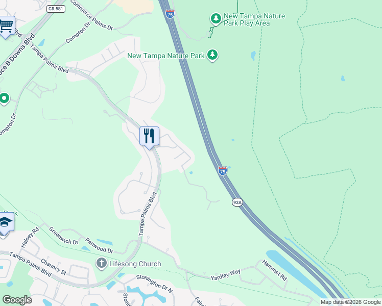 map of restaurants, bars, coffee shops, grocery stores, and more near 16153 Colchester Palms Drive in Tampa