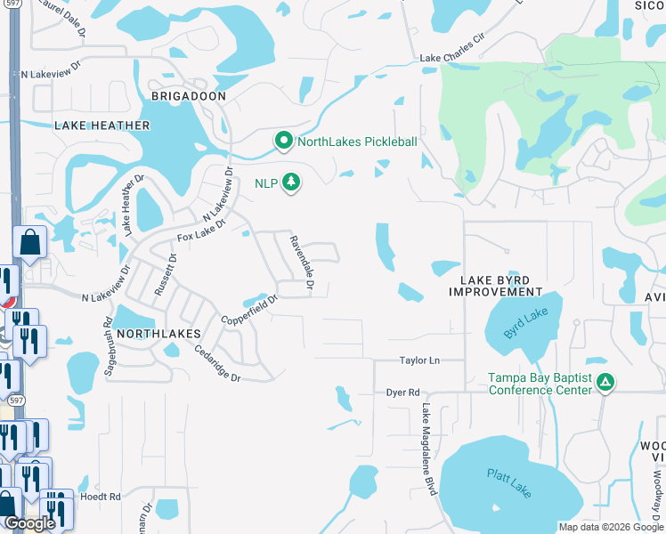 map of restaurants, bars, coffee shops, grocery stores, and more near 2738 Lakeville Drive in Tampa