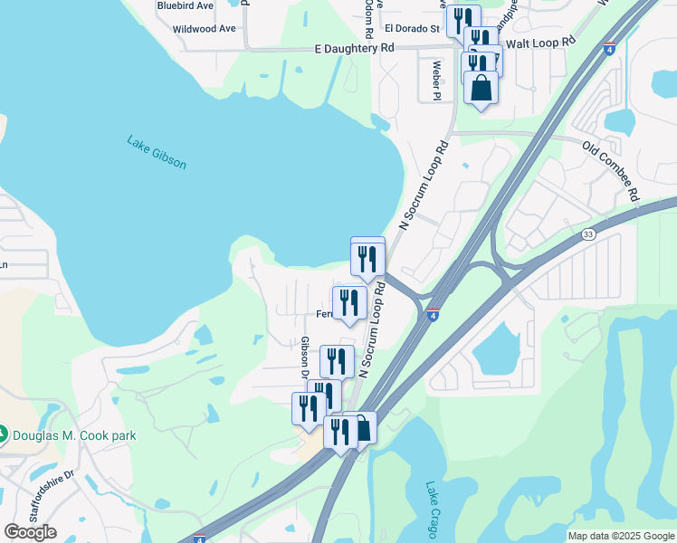map of restaurants, bars, coffee shops, grocery stores, and more near 4840 Lake Gibson Park Road in Lakeland
