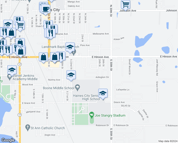 map of restaurants, bars, coffee shops, grocery stores, and more near 385 Arlington Circle in Haines City