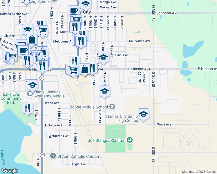 map of restaurants, bars, coffee shops, grocery stores, and more near Glen Mar Square in Haines City