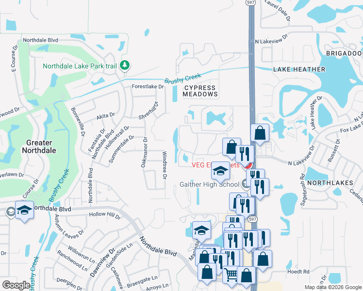 map of restaurants, bars, coffee shops, grocery stores, and more near 16401-16403 Cypress Mulch Cir in Tampa