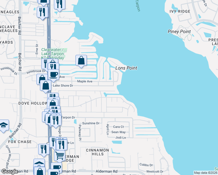 map of restaurants, bars, coffee shops, grocery stores, and more near 37 Lake Shore Drive in Palm Harbor