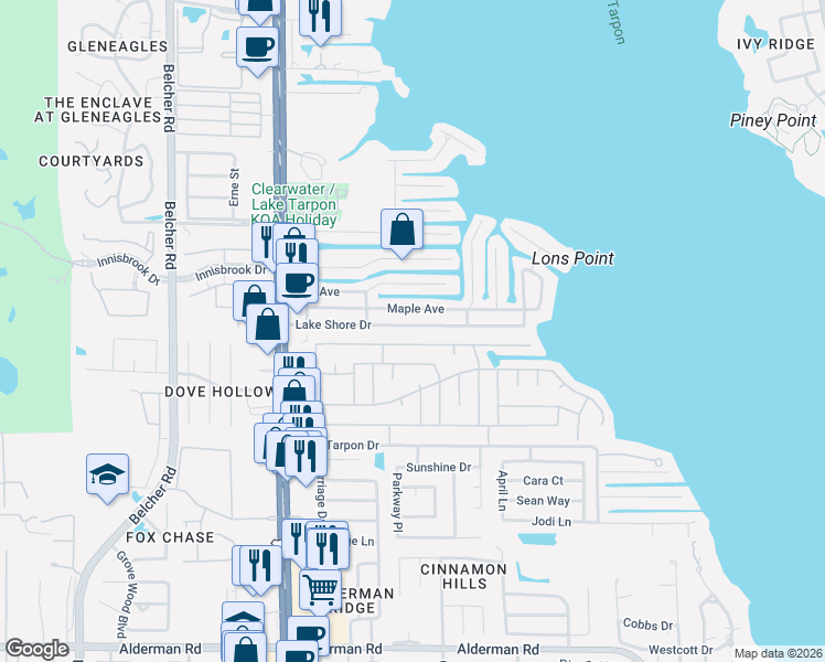 map of restaurants, bars, coffee shops, grocery stores, and more near 195 Philadelphia Boulevard in Palm Harbor