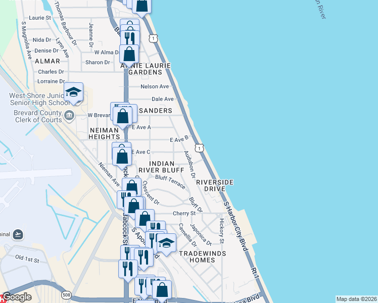 map of restaurants, bars, coffee shops, grocery stores, and more near 301 Audubon Drive in Melbourne