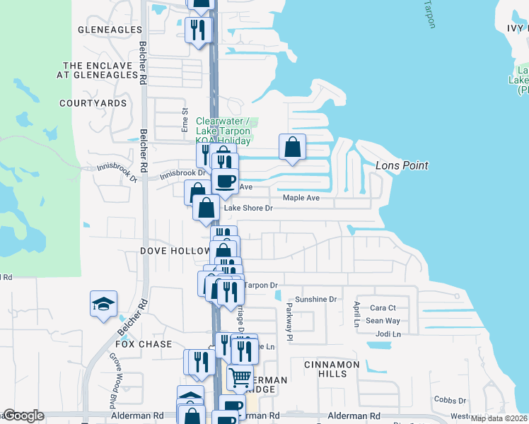 map of restaurants, bars, coffee shops, grocery stores, and more near 12 Lake Shore Drive in Palm Harbor