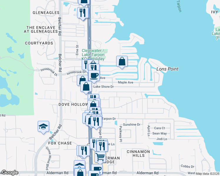 map of restaurants, bars, coffee shops, grocery stores, and more near 12 Lake Shore Drive in Palm Harbor