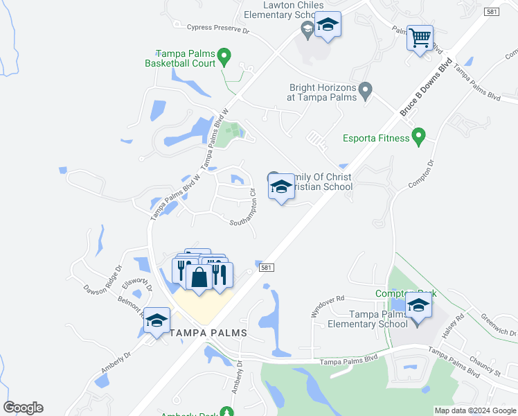 map of restaurants, bars, coffee shops, grocery stores, and more near 5047 Southampton Circle in Tampa