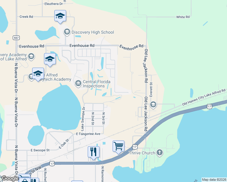 map of restaurants, bars, coffee shops, grocery stores, and more near Cypress Way in Lake Alfred