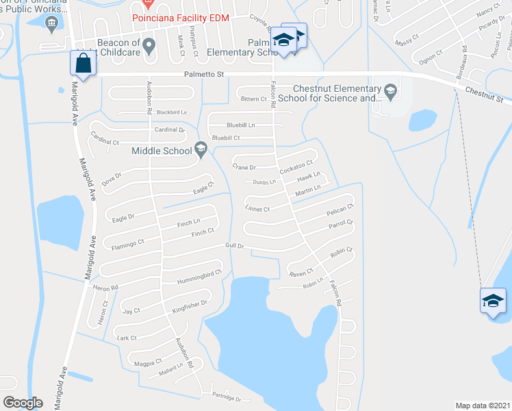 map of restaurants, bars, coffee shops, grocery stores, and more near 638 Linnet Court in Kissimmee