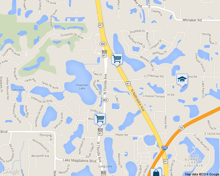 map of restaurants, bars, coffee shops, grocery stores, and more near 16413 Lake Lane in Lutz