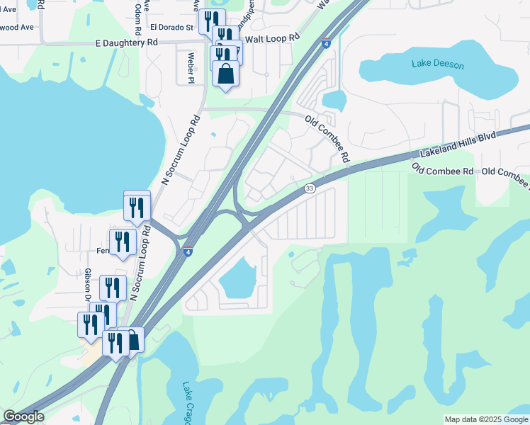 map of restaurants, bars, coffee shops, grocery stores, and more near 4922 Highway 33 in Lakeland