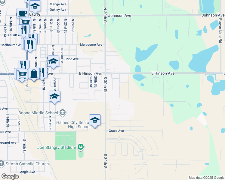 map of restaurants, bars, coffee shops, grocery stores, and more near 198 Dees Road in Haines City