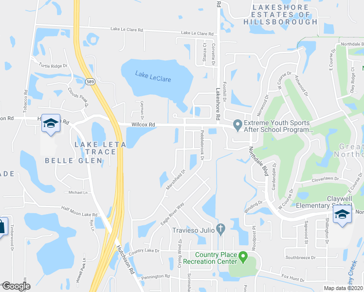 map of restaurants, bars, coffee shops, grocery stores, and more near 16132 Country Crossing Drive in Tampa