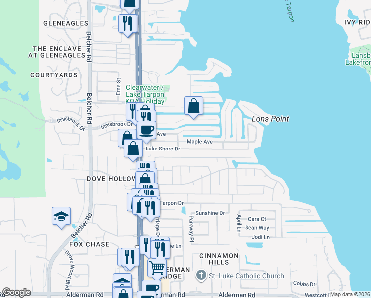 map of restaurants, bars, coffee shops, grocery stores, and more near 163 Philadelphia Boulevard in Palm Harbor