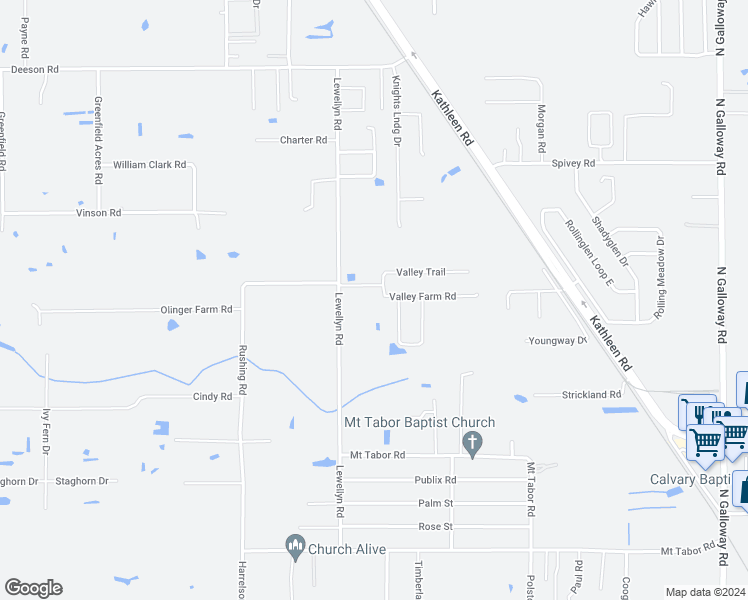 map of restaurants, bars, coffee shops, grocery stores, and more near 3710 Valley Farm Road in Lakeland