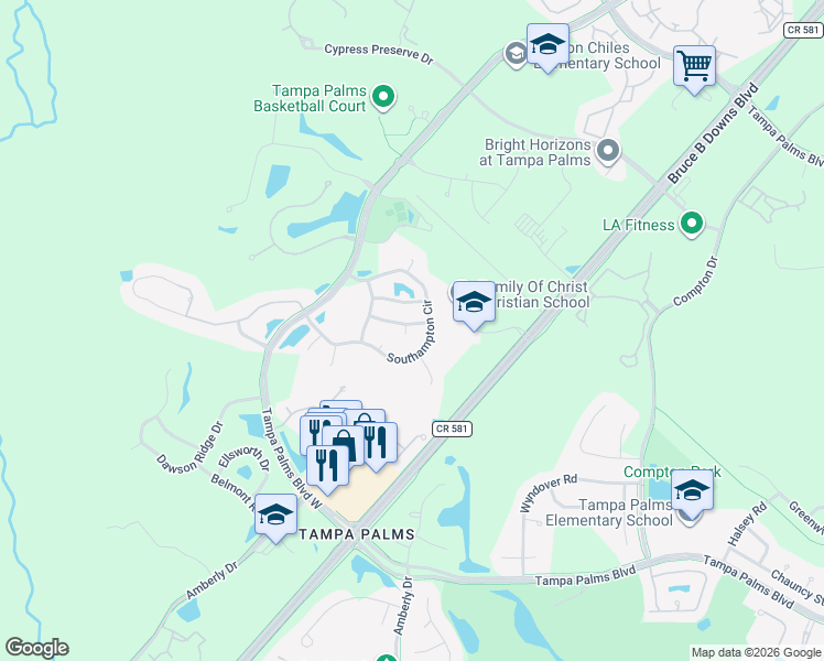 map of restaurants, bars, coffee shops, grocery stores, and more near 5032 Southampton Circle in Tampa