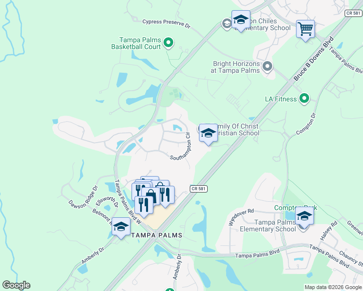 map of restaurants, bars, coffee shops, grocery stores, and more near 5032 Southampton Circle in Tampa