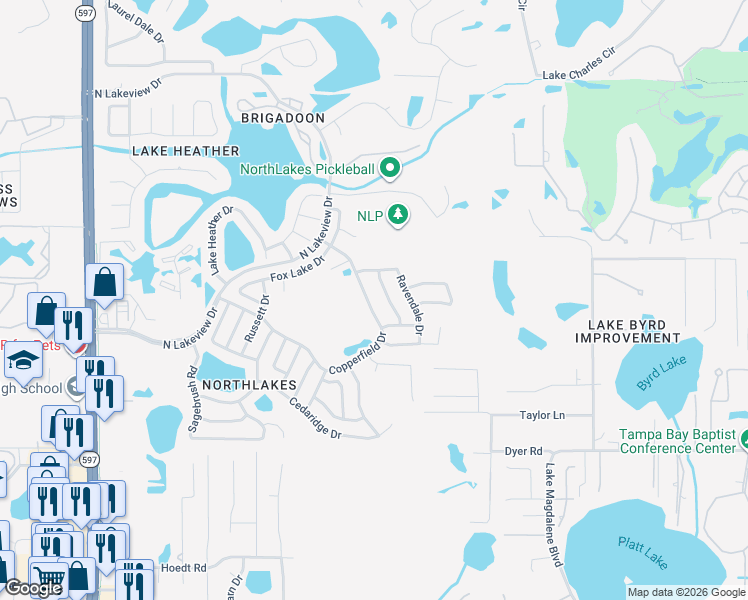 map of restaurants, bars, coffee shops, grocery stores, and more near 16104 Northglenn Drive in Tampa