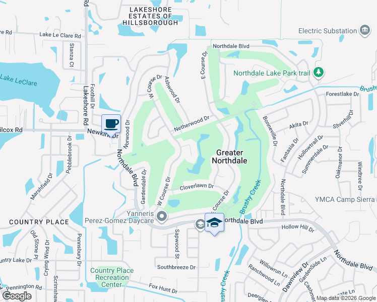 map of restaurants, bars, coffee shops, grocery stores, and more near 16221 West Course Drive in Tampa