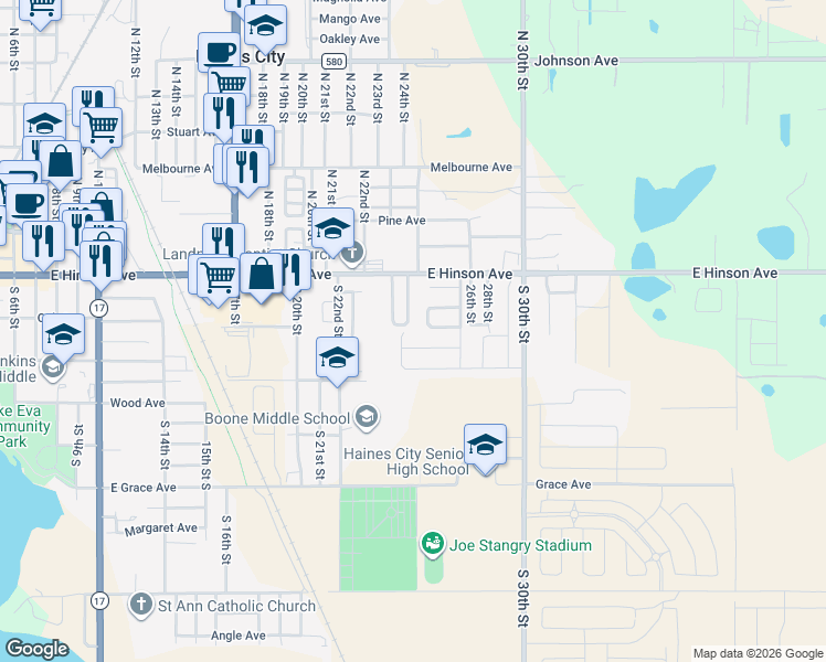 map of restaurants, bars, coffee shops, grocery stores, and more near 229 Arlington Loop in Haines City