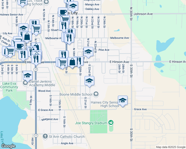 map of restaurants, bars, coffee shops, grocery stores, and more near Glen Mar Square in Haines City
