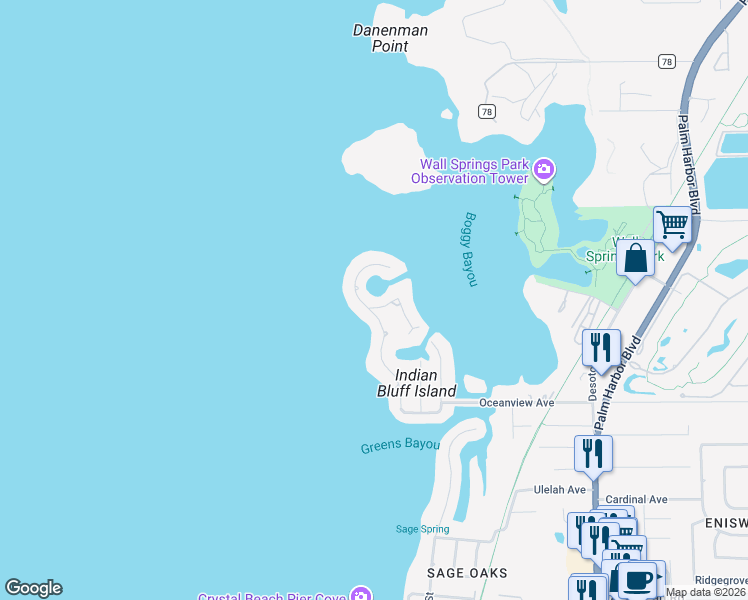 map of restaurants, bars, coffee shops, grocery stores, and more near 120 Carlyle Circle in Palm Harbor