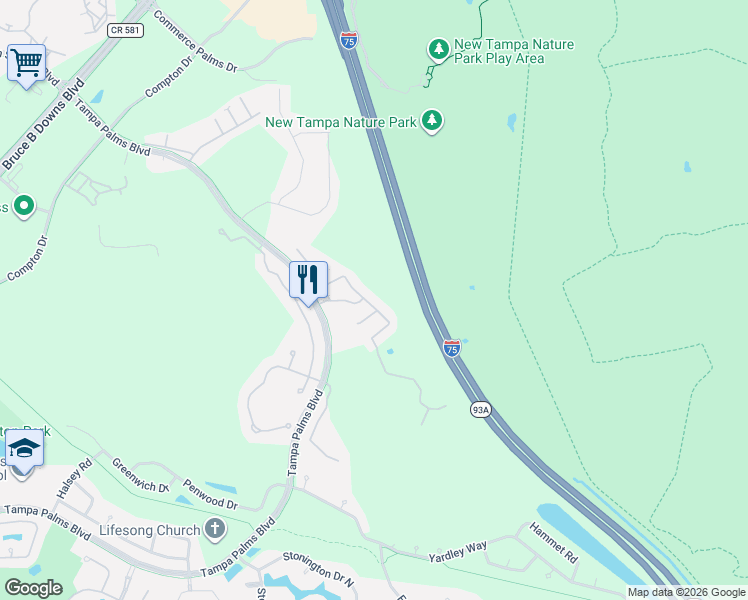 map of restaurants, bars, coffee shops, grocery stores, and more near 16161 Colchester Palms Drive in Tampa