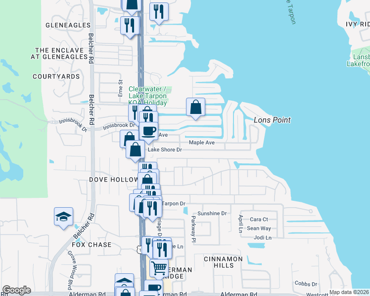 map of restaurants, bars, coffee shops, grocery stores, and more near 62 Lake Shore Drive in Palm Harbor