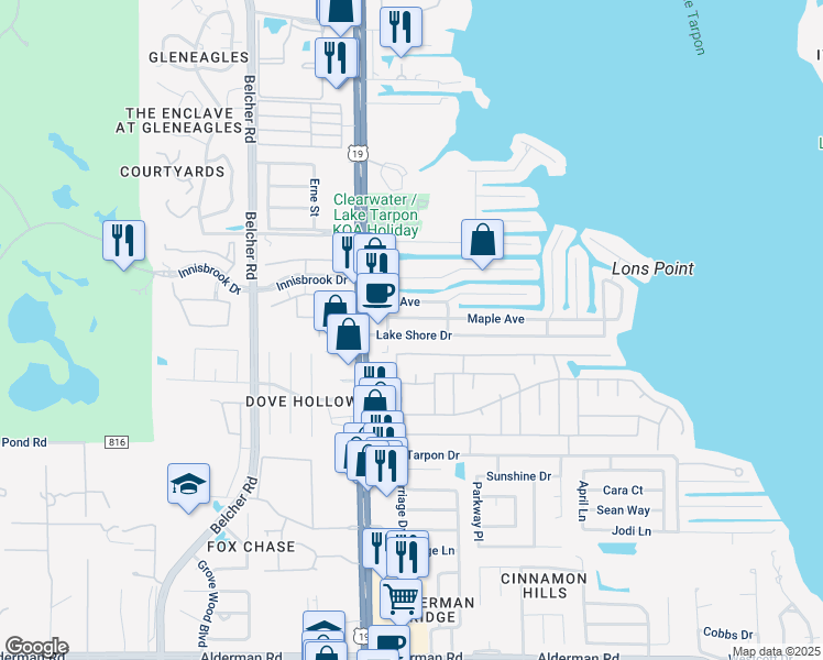 map of restaurants, bars, coffee shops, grocery stores, and more near 69 Lake Shore Drive in Palm Harbor