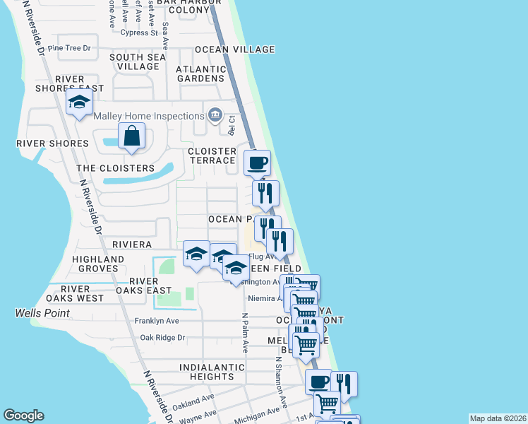 map of restaurants, bars, coffee shops, grocery stores, and more near 1315 North Miramar Avenue in Indialantic