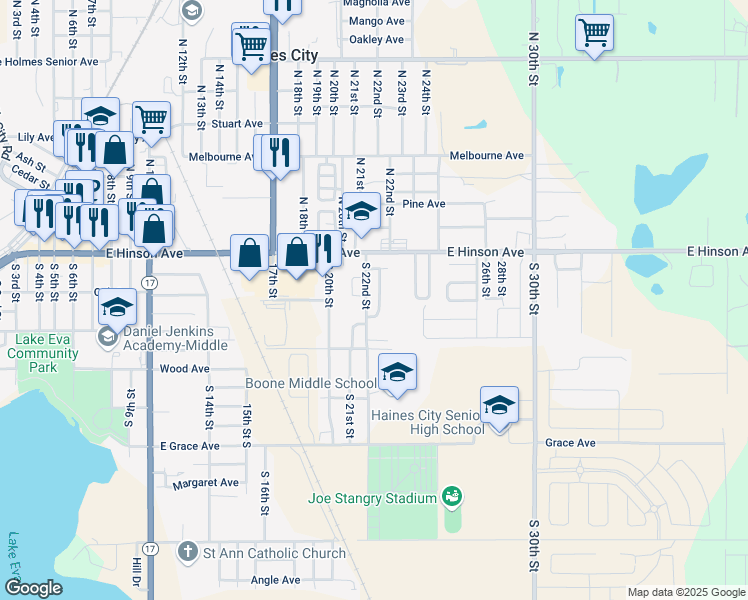map of restaurants, bars, coffee shops, grocery stores, and more near 25 South 22nd Street in Haines City