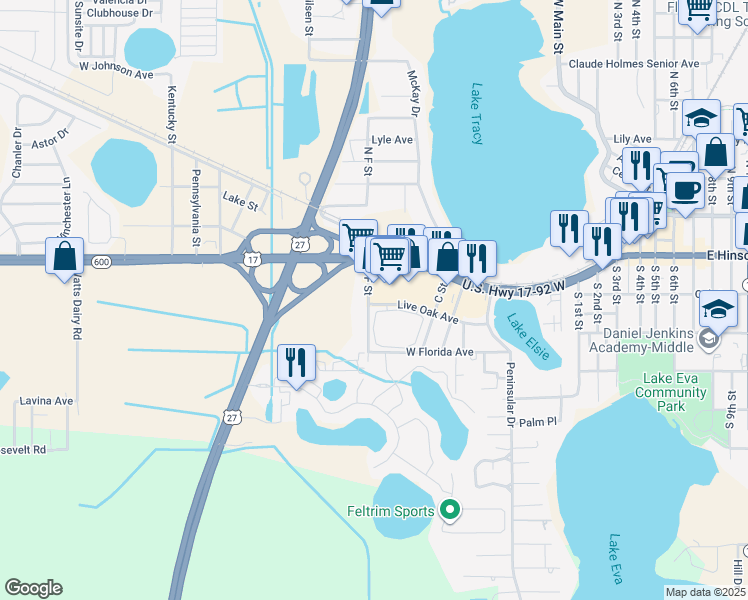 map of restaurants, bars, coffee shops, grocery stores, and more near 617 U.S. 17 in Haines City