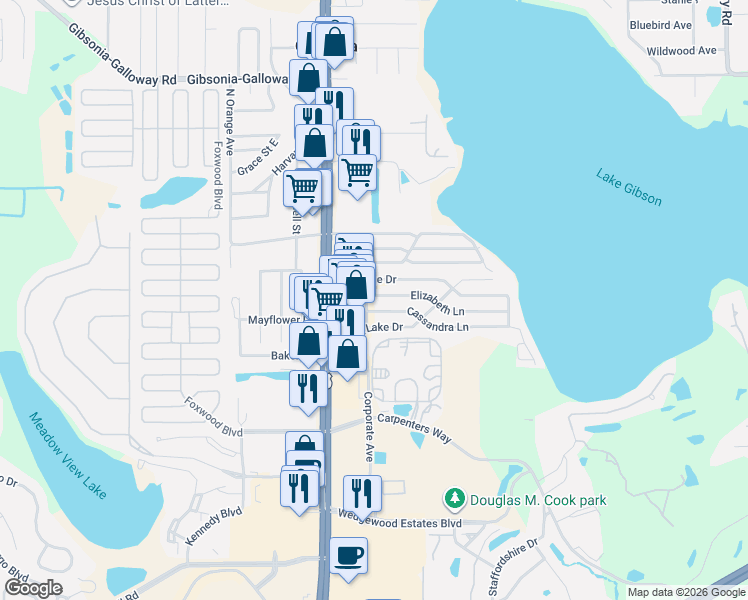 map of restaurants, bars, coffee shops, grocery stores, and more near 1011 Elizabeth Lane in Lakeland