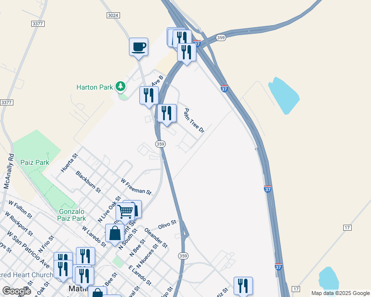 map of restaurants, bars, coffee shops, grocery stores, and more near 1500 Hackberry Lane in Mathis
