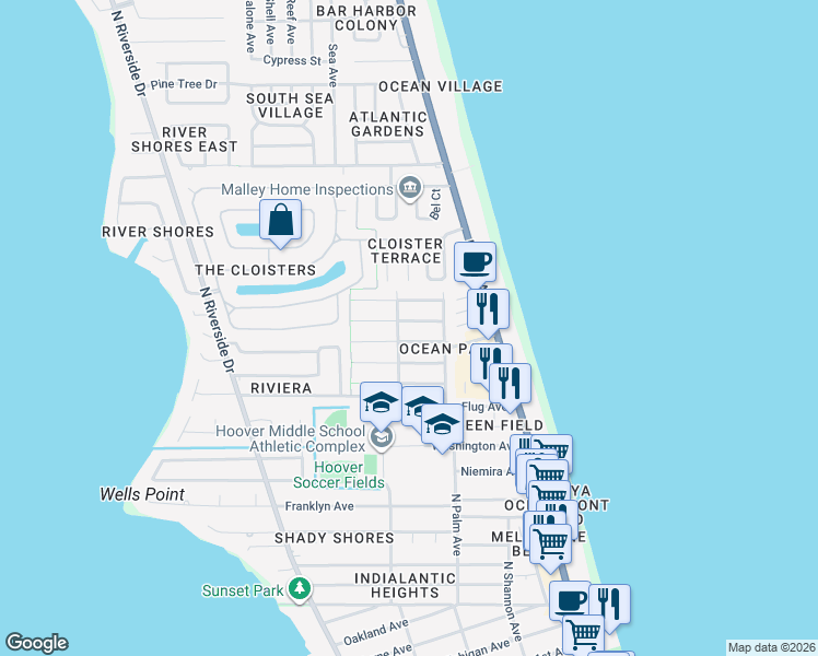 map of restaurants, bars, coffee shops, grocery stores, and more near 220 Avenida Del Sol in Indialantic