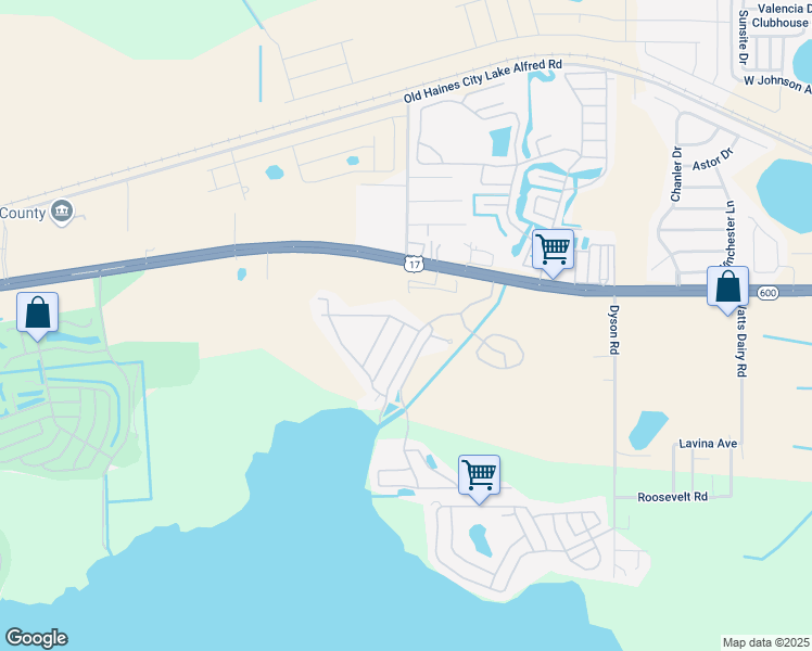 map of restaurants, bars, coffee shops, grocery stores, and more near 25-43 O'Hara Drive in Haines City