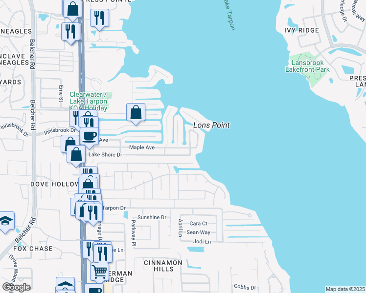 map of restaurants, bars, coffee shops, grocery stores, and more near 176 Maple Avenue in Palm Harbor