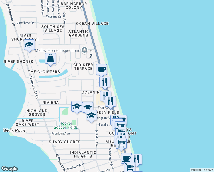 map of restaurants, bars, coffee shops, grocery stores, and more near 1315 North Miramar Avenue in Indialantic